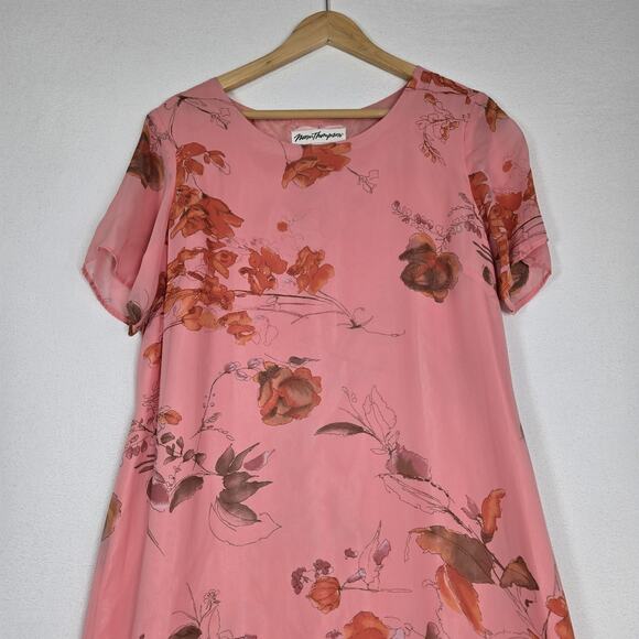 VTG Norm Thompson Maxi Dress Sz L Pink Peach Floral Chiffon Lined Short Sleeve - Picture 2 of 16